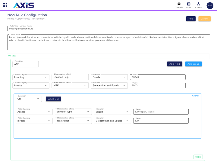 rule configuration set up in an AXiS account