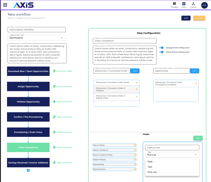 new workflow within an AXiS account
