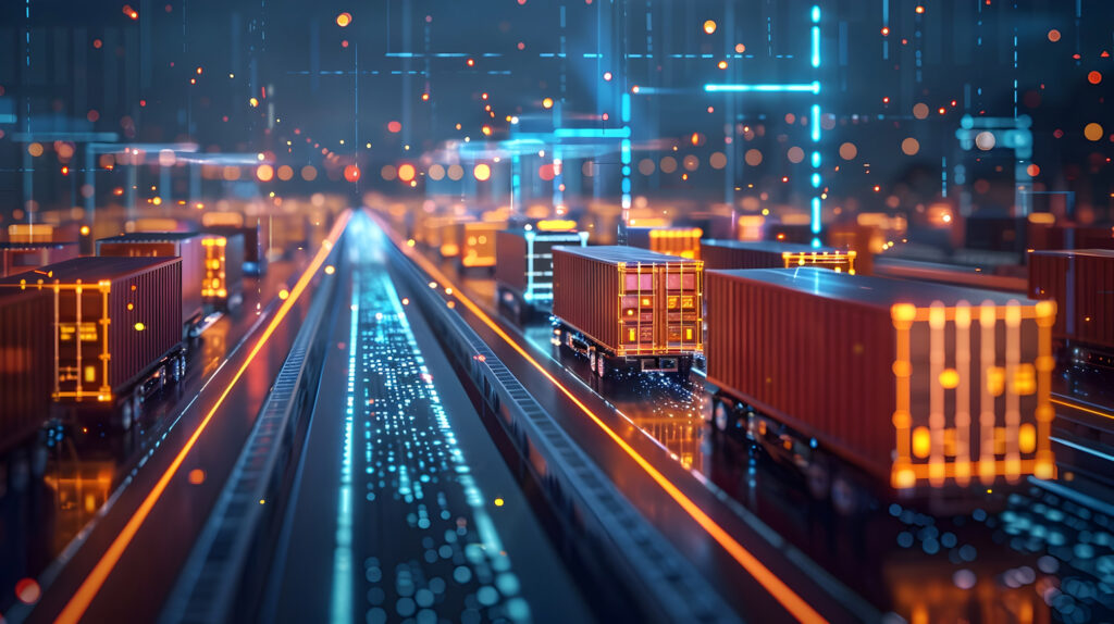 rendering of transportation trucks moving along a technological highway
