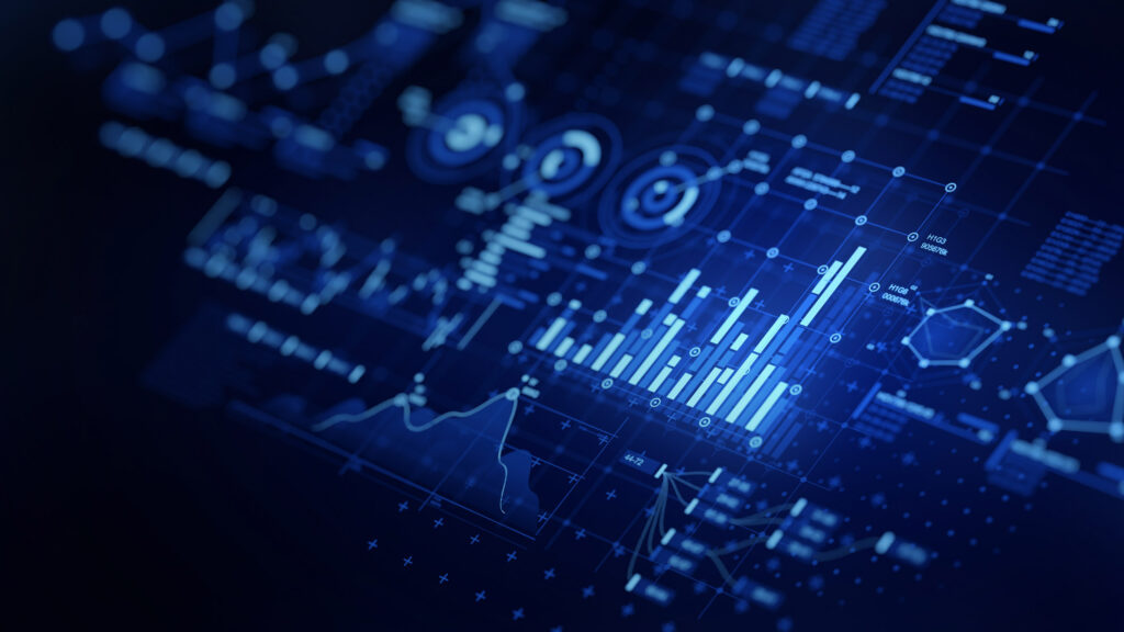 decorative image of a screen lit up with various graphs